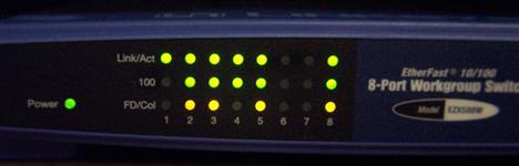 Front of Linksys eight port hub with lights