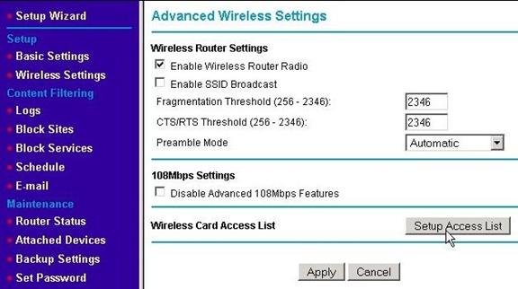 Pressing the Setup Access List button